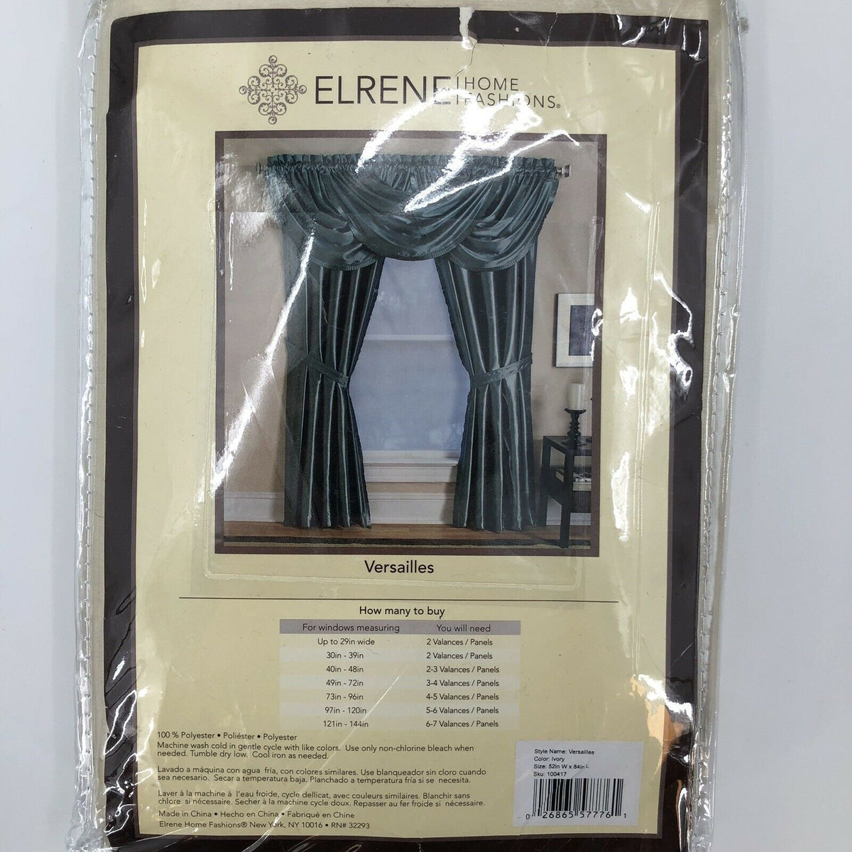 Elrene Home Versailles 52" x 84" Panel w/ tieback, Ivory LOT OF 2 pkgs. NEW