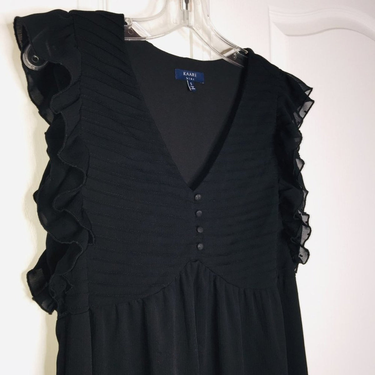 Kaari Blue Black Sheath Dress Ruffled Flutter sleeve swiss dot V-Neck SMALL LBD