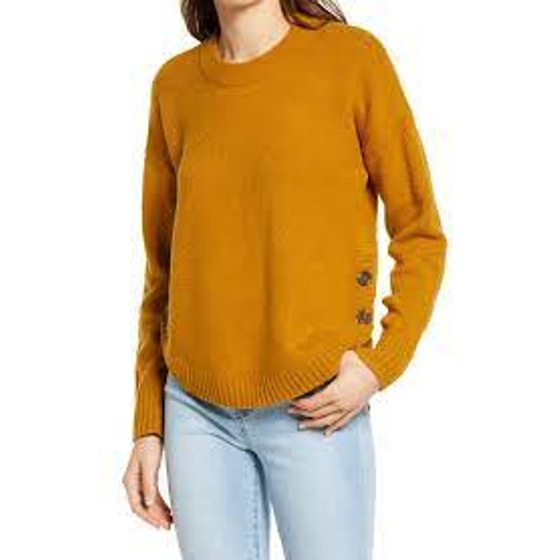 Madewell Demi Side Button Pullover Sweater Crew Neck Antique Gold Size XX-Small