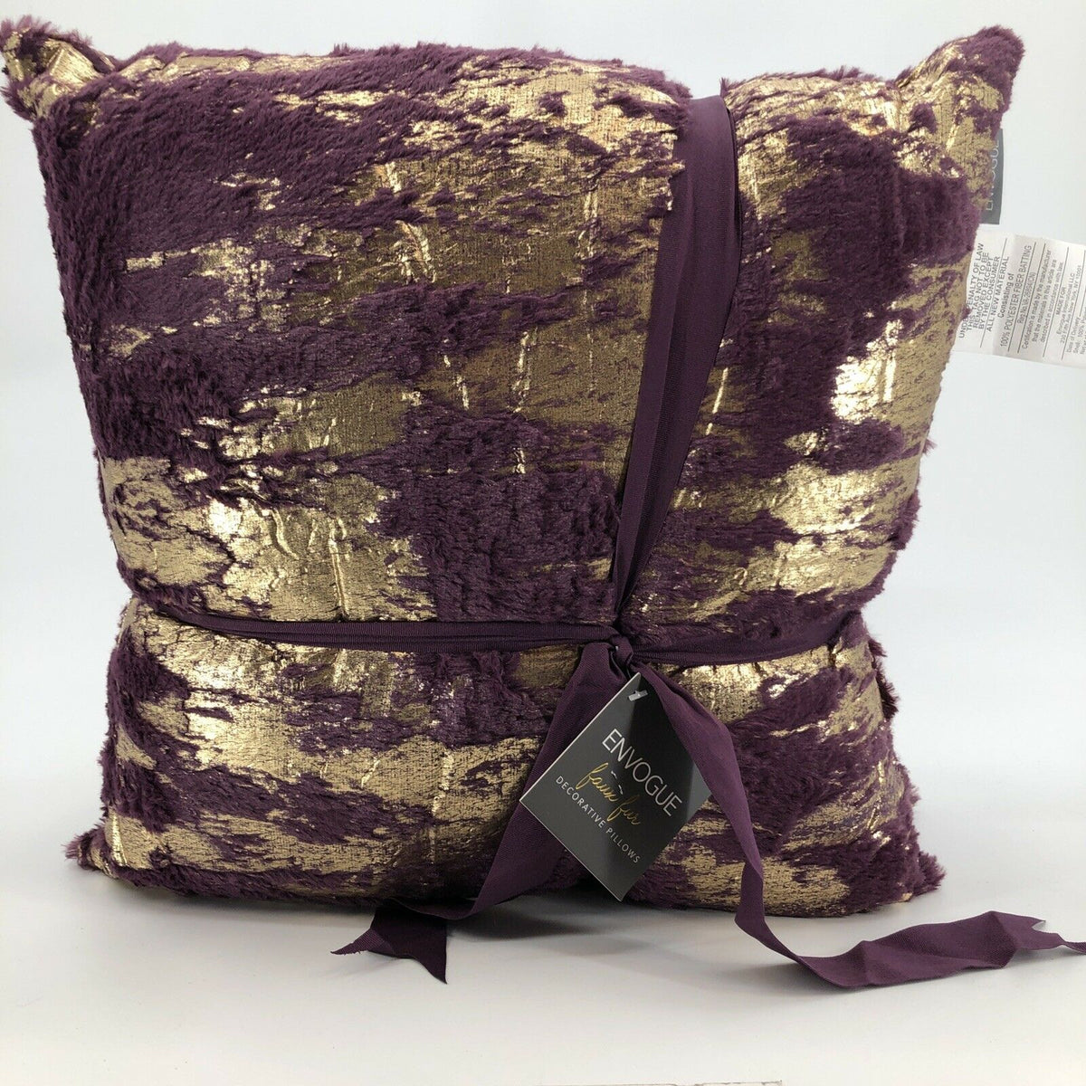 Envogue Decorative Pillows Faux Fur Purple Gold Size 20" x 20" Pair of Two