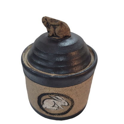TURTLE HILL HANDMADE Studio Art Pottery Lidded Canister Pot Stamped BUNNY RABBIT