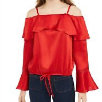 BCX NWT Red Solid Crinkle Satin Flare Sleeve Top Cinched