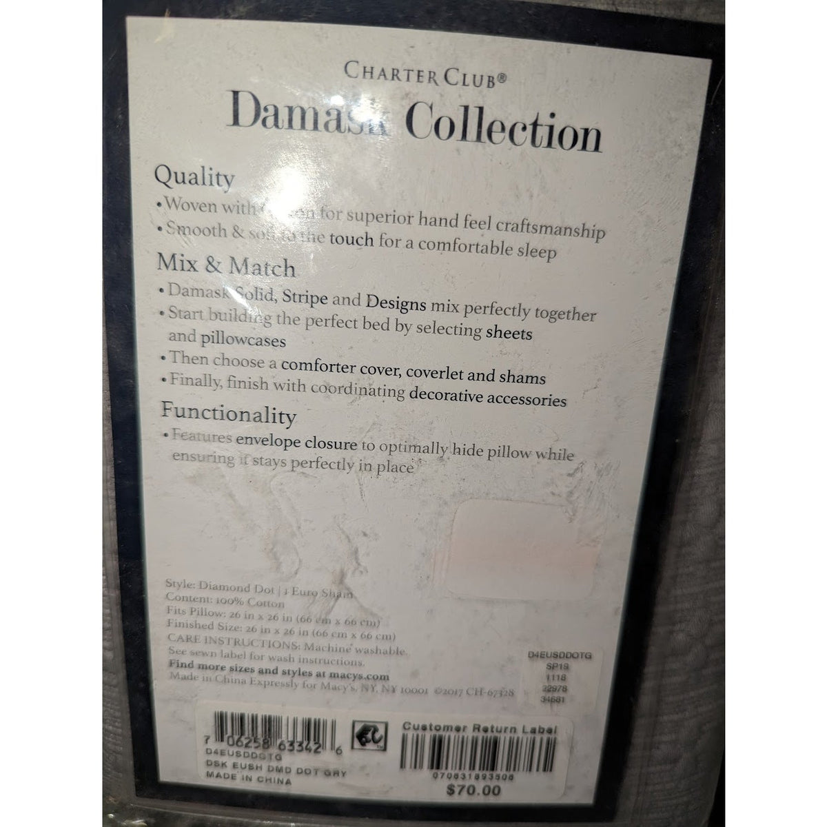 Charter Club Damask Diamond Dot Cotton Med Gray jacquard European Sham New