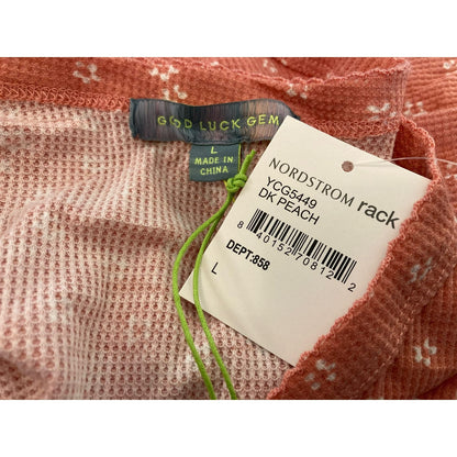 Good Luck Gem V-Neck Lightweight Waffle Pullover Top Size Large in Peach NWT