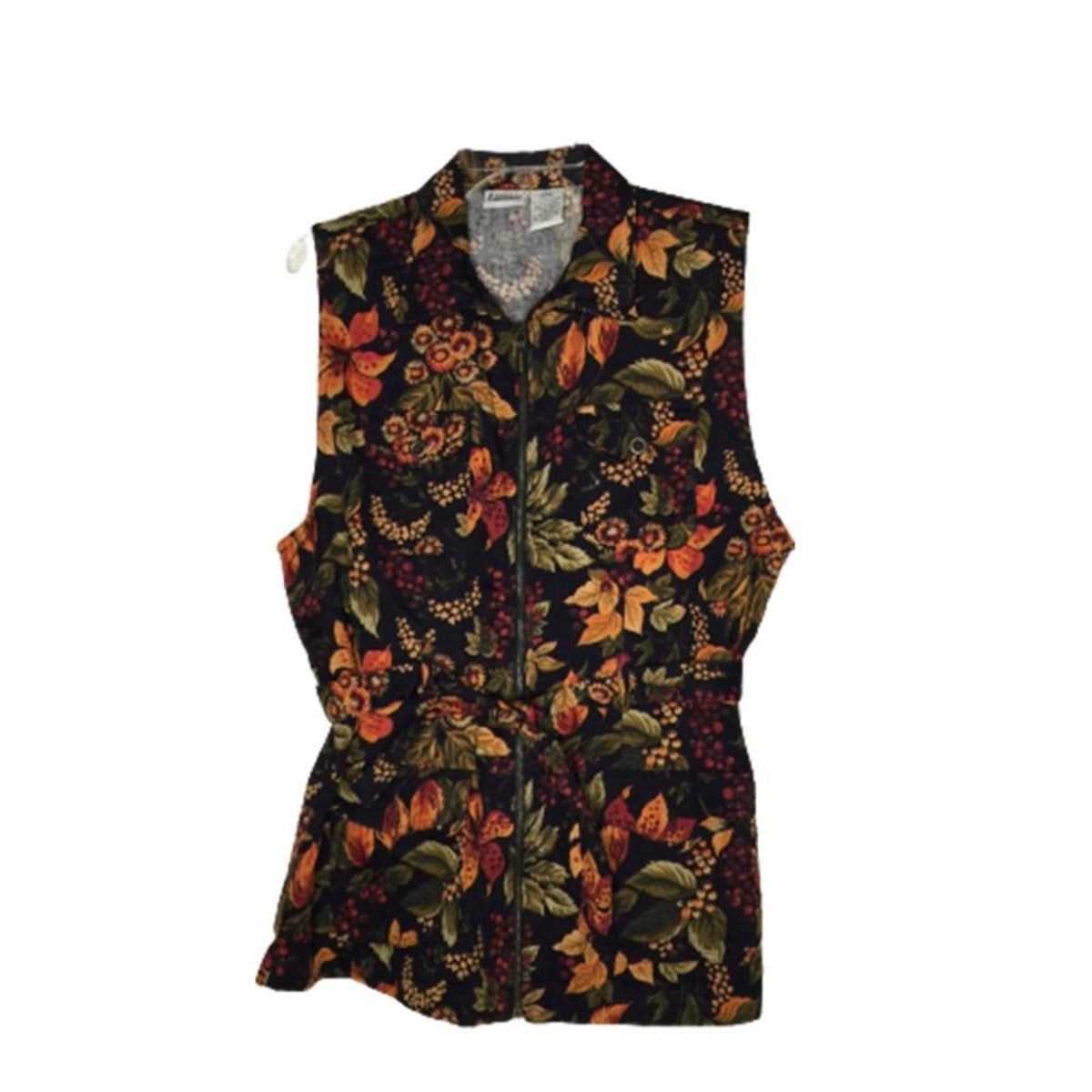 Capacity Full-Zip Vest Collared Sleeveless Floral Belted Funky Vintage Medium