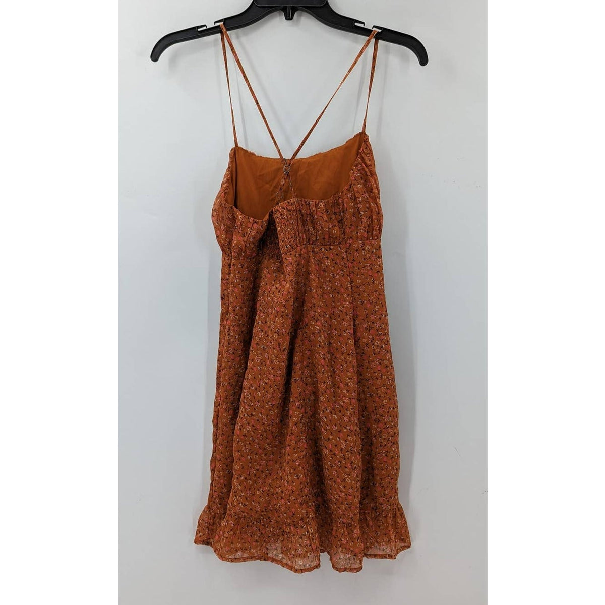 Leith XS Sun Dress Orange Floral Cross Spaghetti Strap Casual Summer Spring Ruch