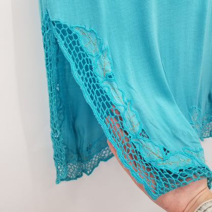 Vintage Blue Teal Coverup Dress Embroidery short sleeve 1980's Medium