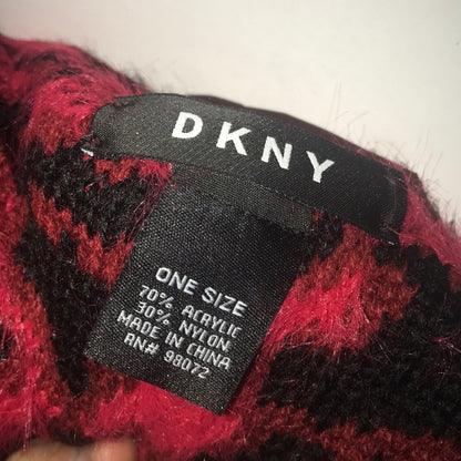 DKNY $36 NEW Red & Black Fuzzy Animal Print Beanie Cheetah Toboggan Hat Cap