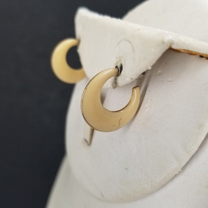 Vintage Tan Enamel Hoops with Golden Edging Crescent Moon Shape