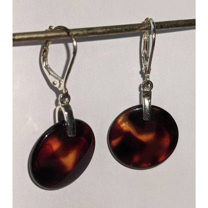 Vintage Amber Glass Translucent Disc Dangle Drop Earrings Silver Tone Metal