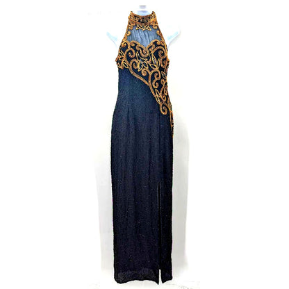 Michael Angelo Beaded Dress Black Gold Silk Sequin Gown Halter Sleeveless Small