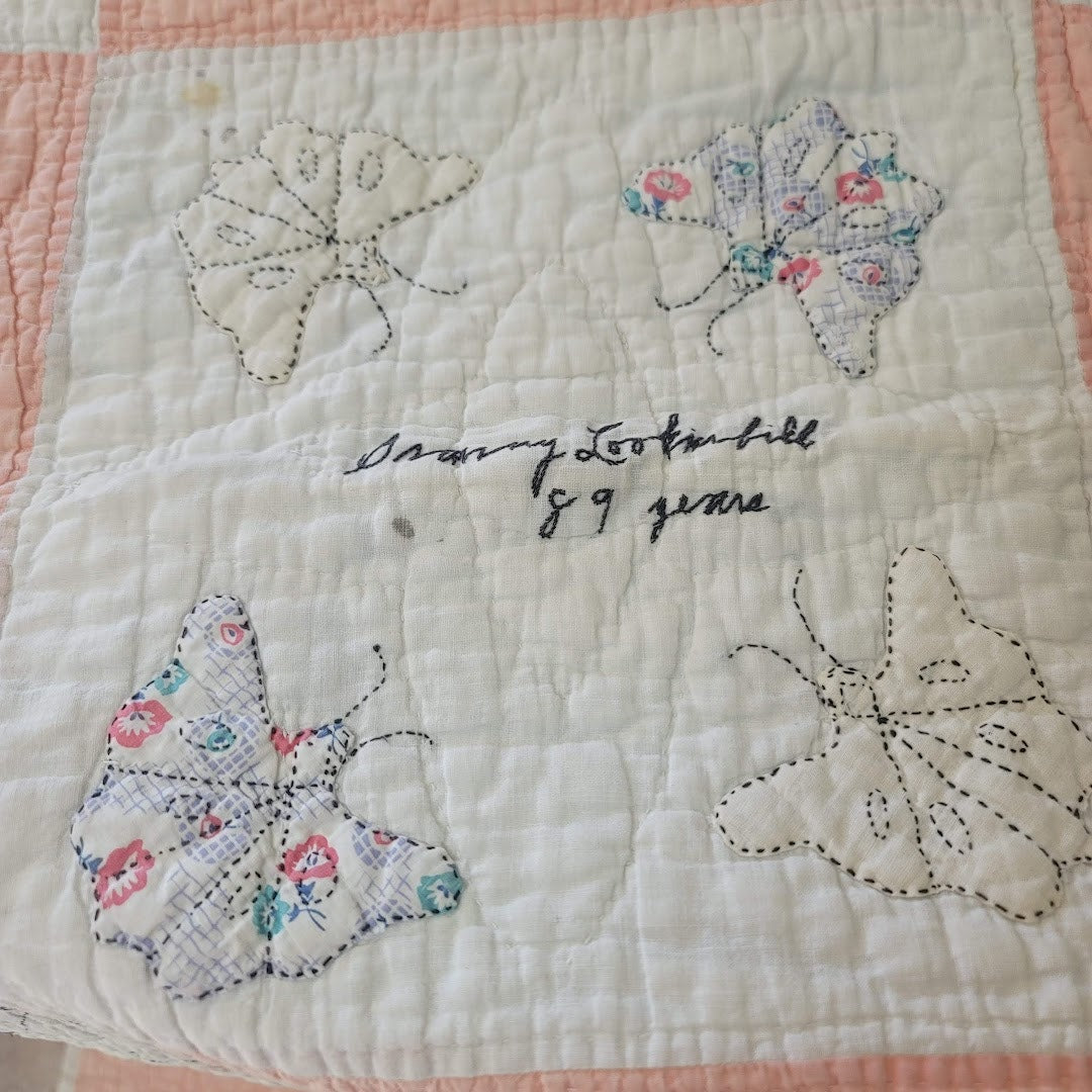 Handmade Pink White Quilt Full Queen Butterfly Stitched Names Community 80x66