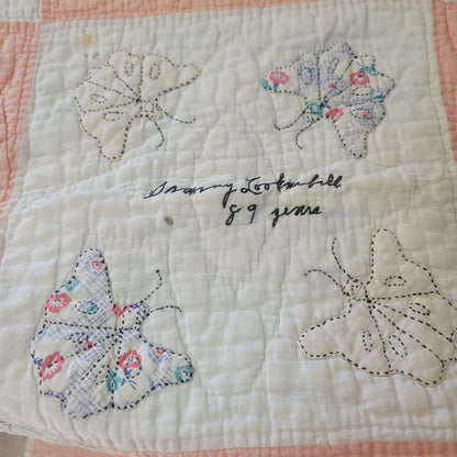 Handmade Pink White Quilt Full Queen Butterfly Stitched Names Community 80x66