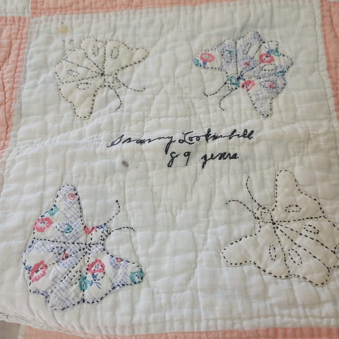 Handmade Pink White Quilt Full Queen Butterfly Stitched Names Community 80x66