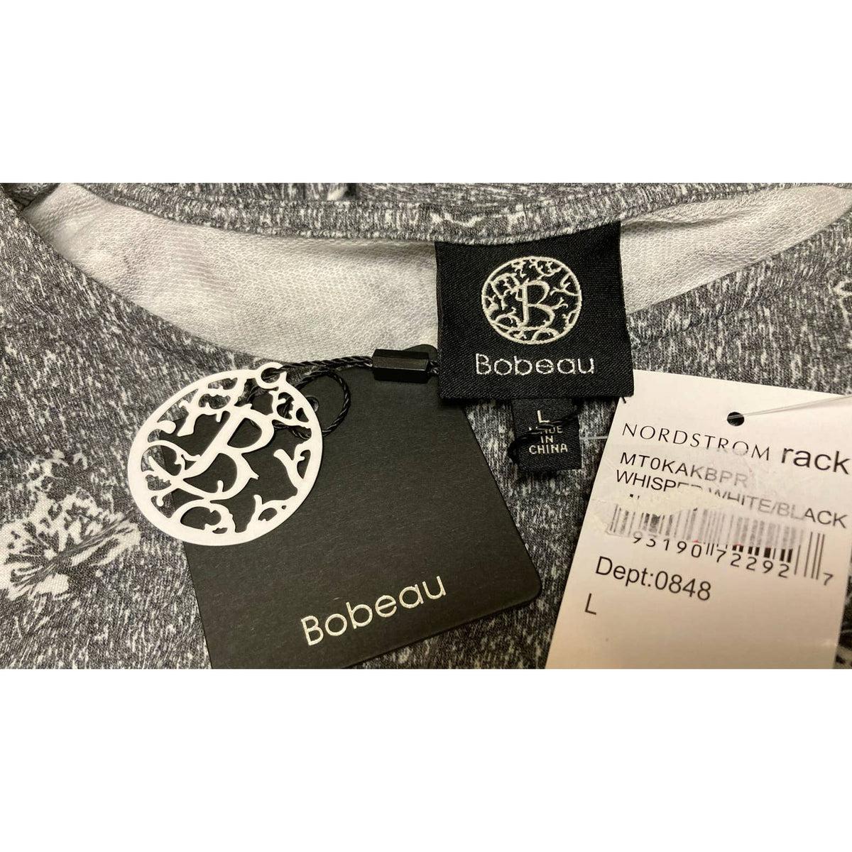 Bobeau Boho Blouse Large Whisper White Black NEW Babydoll Top Peplum 3/4 Sleeve