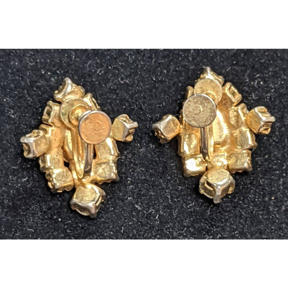 Vintage Clip On Earrings Red Tear Drop White Rhinestone Cluster Gold Tone Metal
