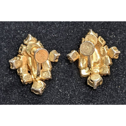 Vintage Clip On Earrings Red Tear Drop White Rhinestone Cluster Gold Tone Metal