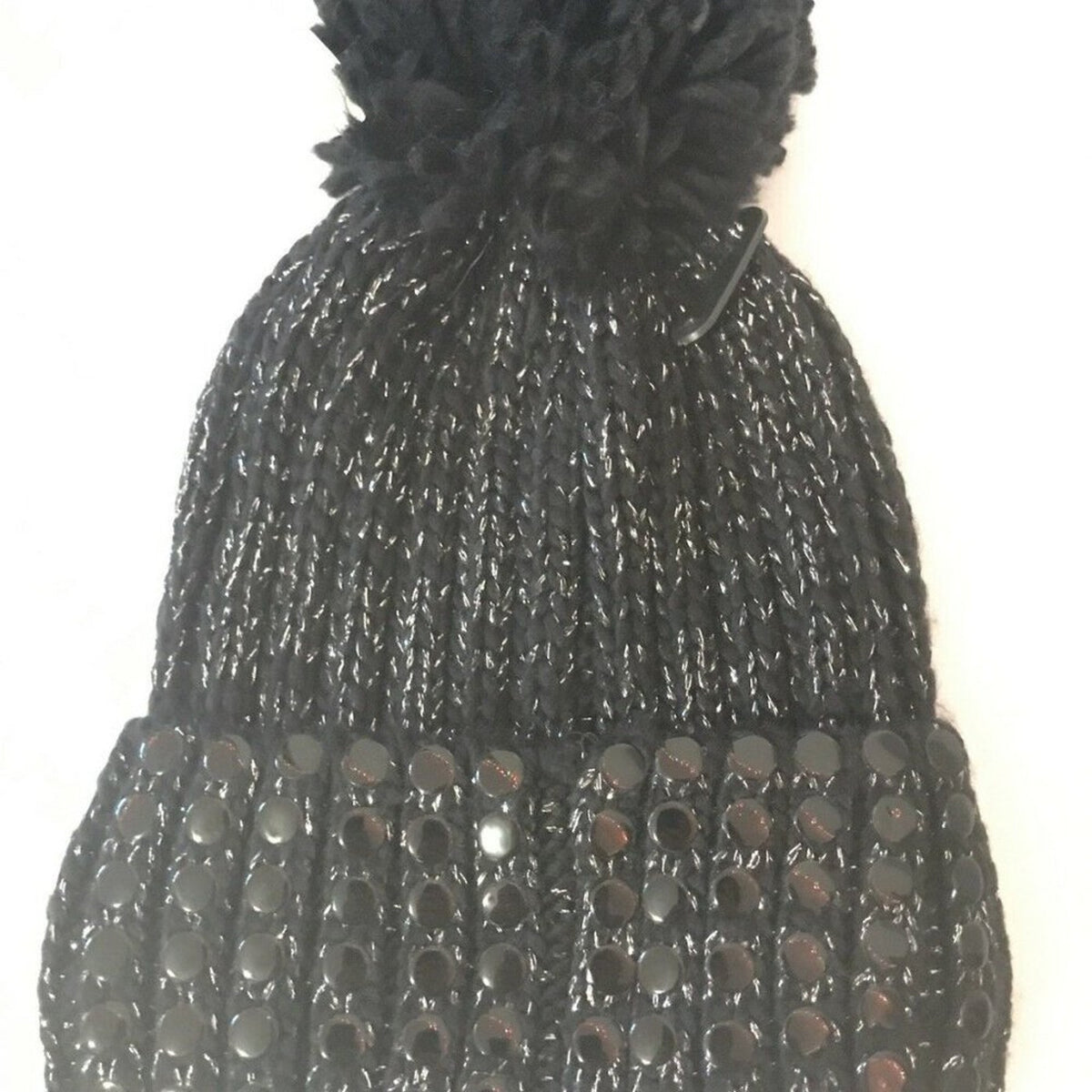 DKNY NEW Flat Stud Metallic Ribbed Black Pompom Beanie Hat Winter GIFT PRESENT