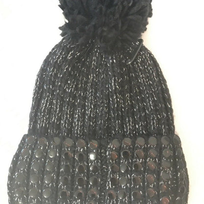 DKNY NEW Flat Stud Metallic Ribbed Black Pompom Beanie Hat Winter GIFT PRESENT