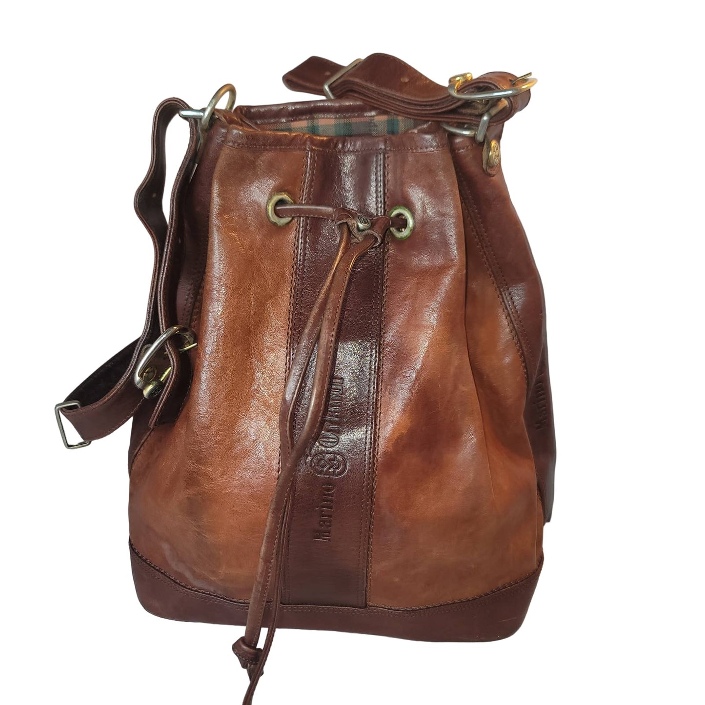 Marino Orlandi Leather Italian Bucket Bag NewBuck Cognac Drawstring Purse tartan