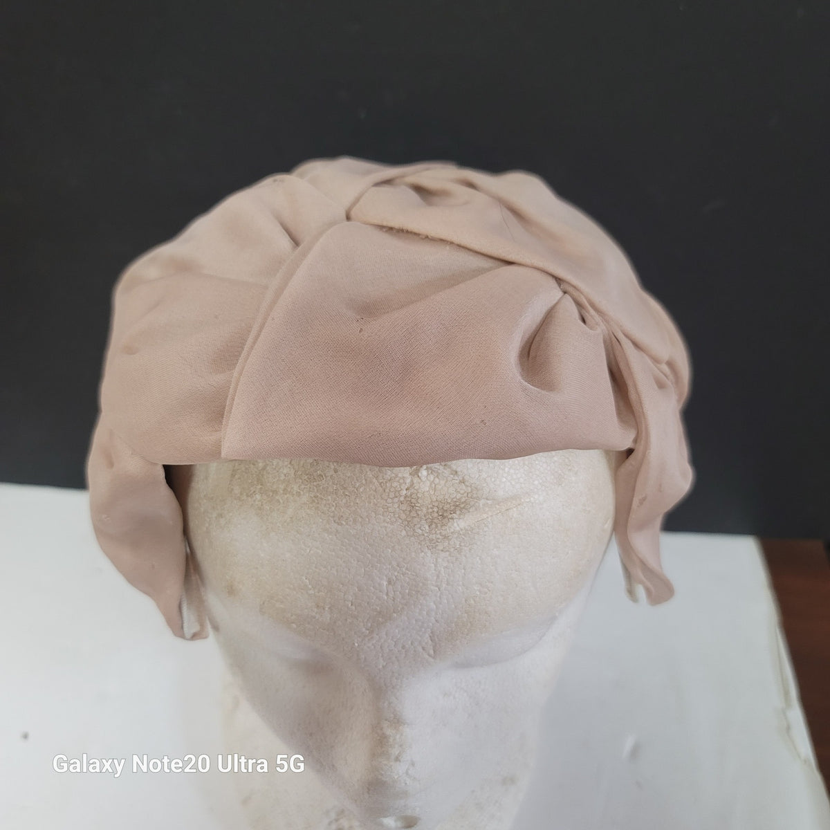 Vintage Union Made Delicate Beige Chiffon Juliet Turban Style Hat Flat Bow