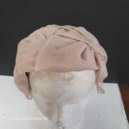 Vintage Union Made Delicate Beige Chiffon Juliet Turban Style Hat Flat Bow
