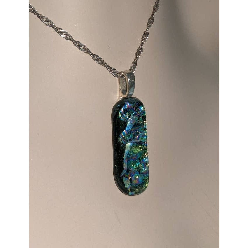 Vintage Dark Green Iridescent Rainbow Glass Opalescent Silver Pendant