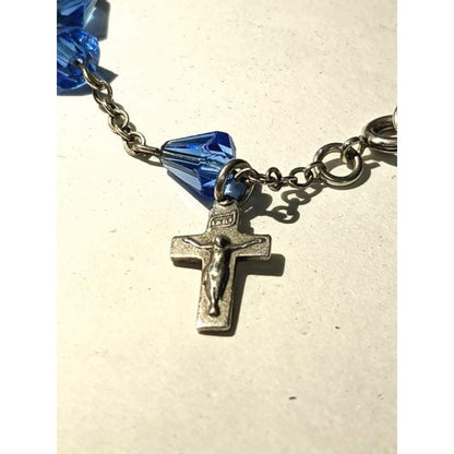 Sapphire Blue Crystal Sterling Silver Crucifix Small 7' Rosary Bracelet