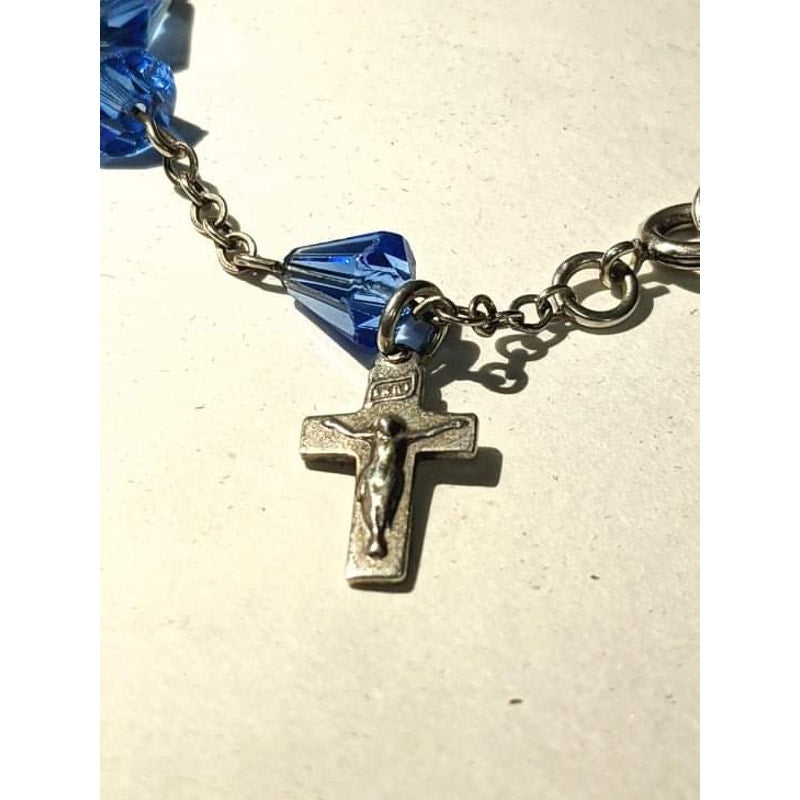 Sapphire Blue Crystal Sterling Silver Crucifix Small 7' Rosary Bracelet