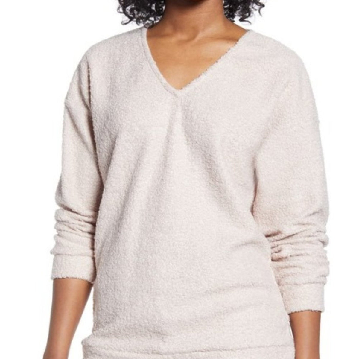 Caslon Faux Shearling Teddy VNeck Long Sleeves Pullover Sweater Taupe Medium NEW