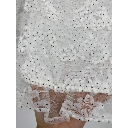 NSR Blouse Extra Large/XL White Black Polka Dot NEW Lace Puff Shoulder Crop Top