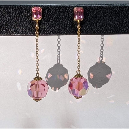 Pink Iridescent Glass Crystal Bead Drop Goldtone ClipOn Earrings Delicate 50s