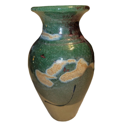 Art pottery raku vase handmade Signed Approx. 7.5" tall Clay Green Brown
