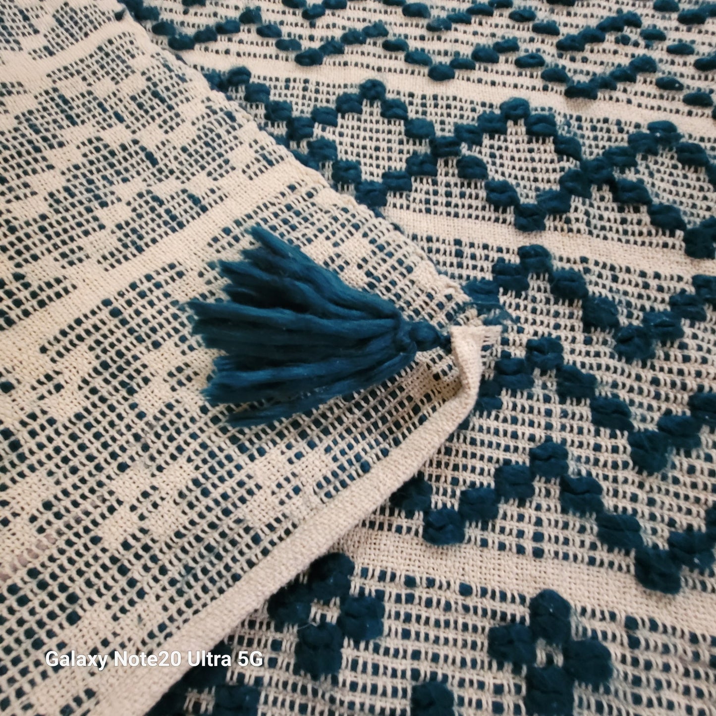 HandWoven Dark Turquoise Throw Blanket Geometric  Contemporary Diamond Tassels