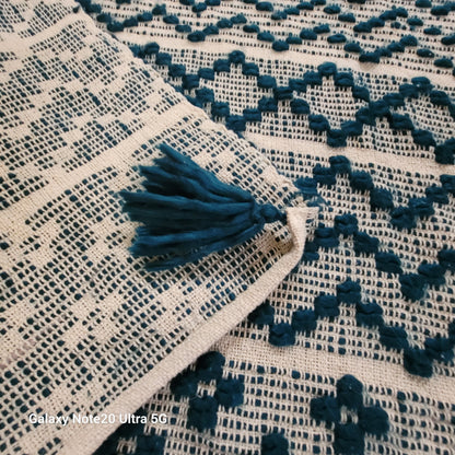 HandWoven Dark Turquoise Throw Blanket Geometric  Contemporary Diamond Tassels