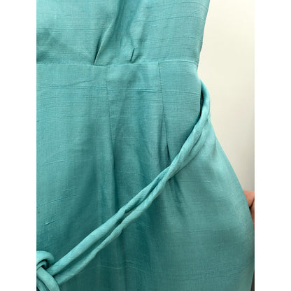 Vintage Teal Unbranded Sleeveless Belted Waist Tie Zip Up Round Neck Dress