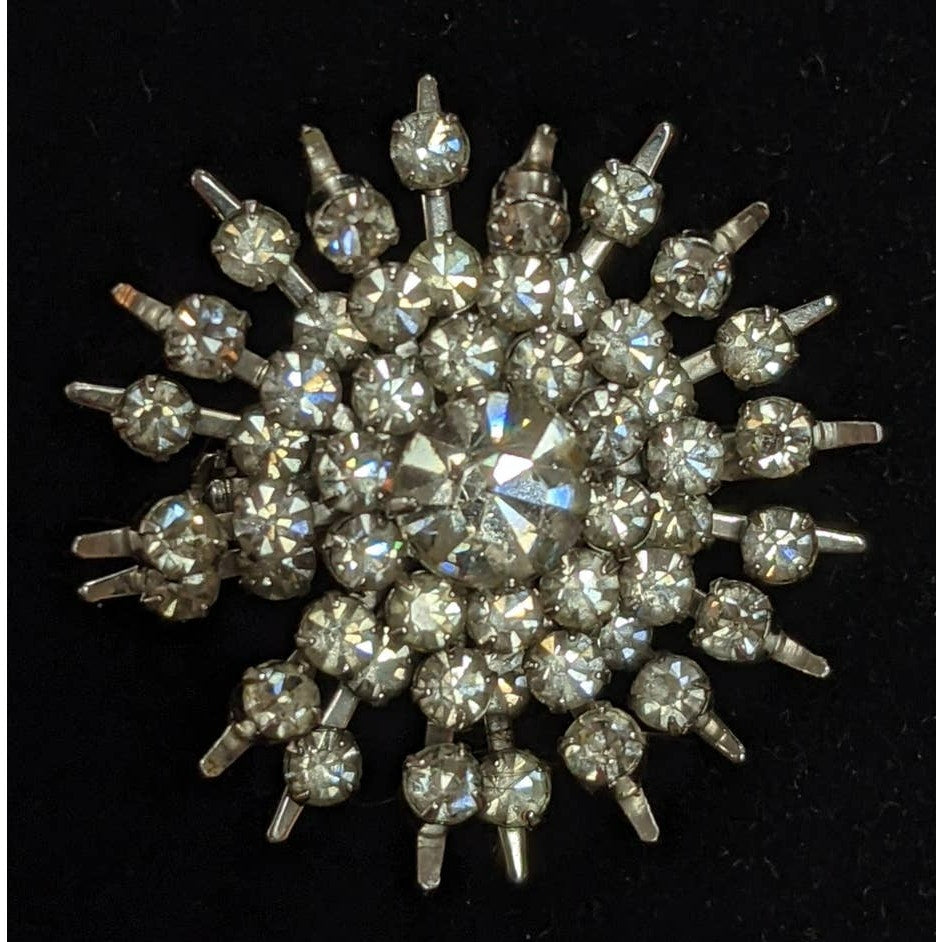 Vintage Starburst Rhinestone Brooch Pin Silver Tone Metal Snowflake