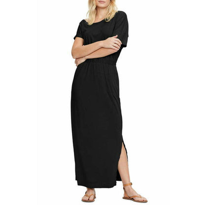 Michael Stars Chantel Side Slit Short Sleeve Maxi Dress Cotton Blend Black Small