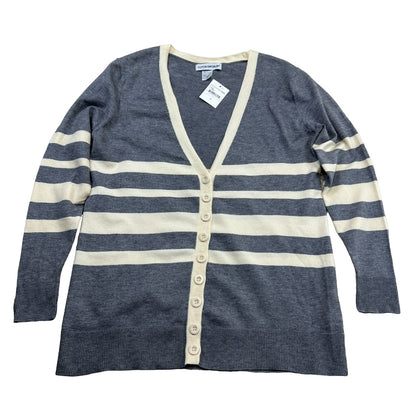 Cotton Emporium Womens Cardigan Sweater Medium Grey/Cream Stripe NEW Lightweight
