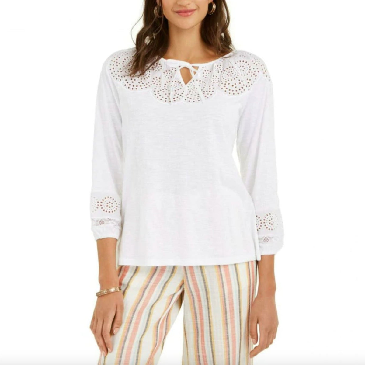 Style Co NWT Eyelet Lace Peasant Top Blouse 3/4 Sleeves Bright White Medium