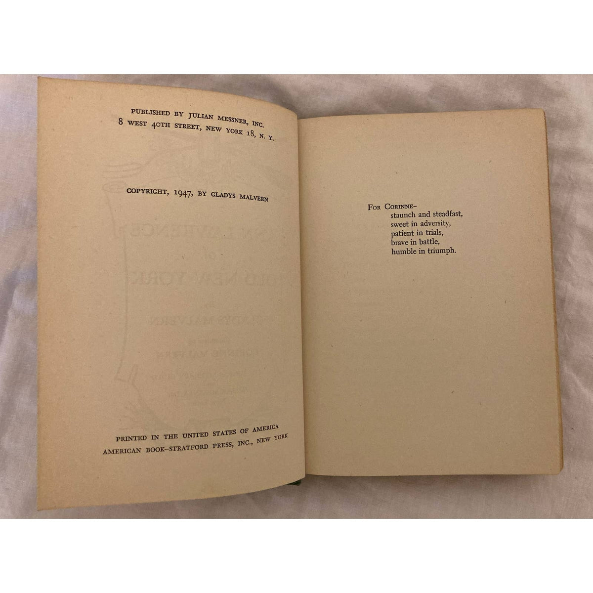 Ann Lawrence of Old New York - Gladys Malvern Green Hardcover Vintage 1947 No DJ