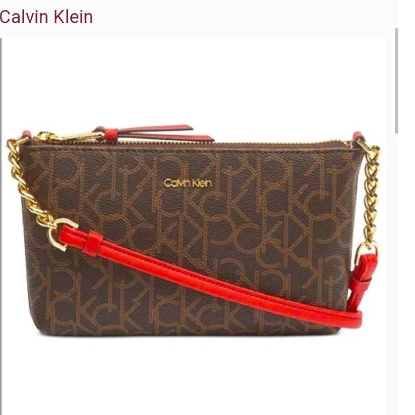 Calvin Klein Hayden Signature Chain Strap Crossbody Brown logo Red strap TRAVEL
