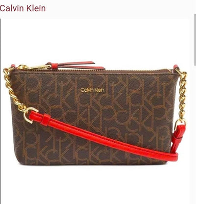 Calvin Klein Hayden Signature Chain Strap Crossbody Brown logo Red strap TRAVEL