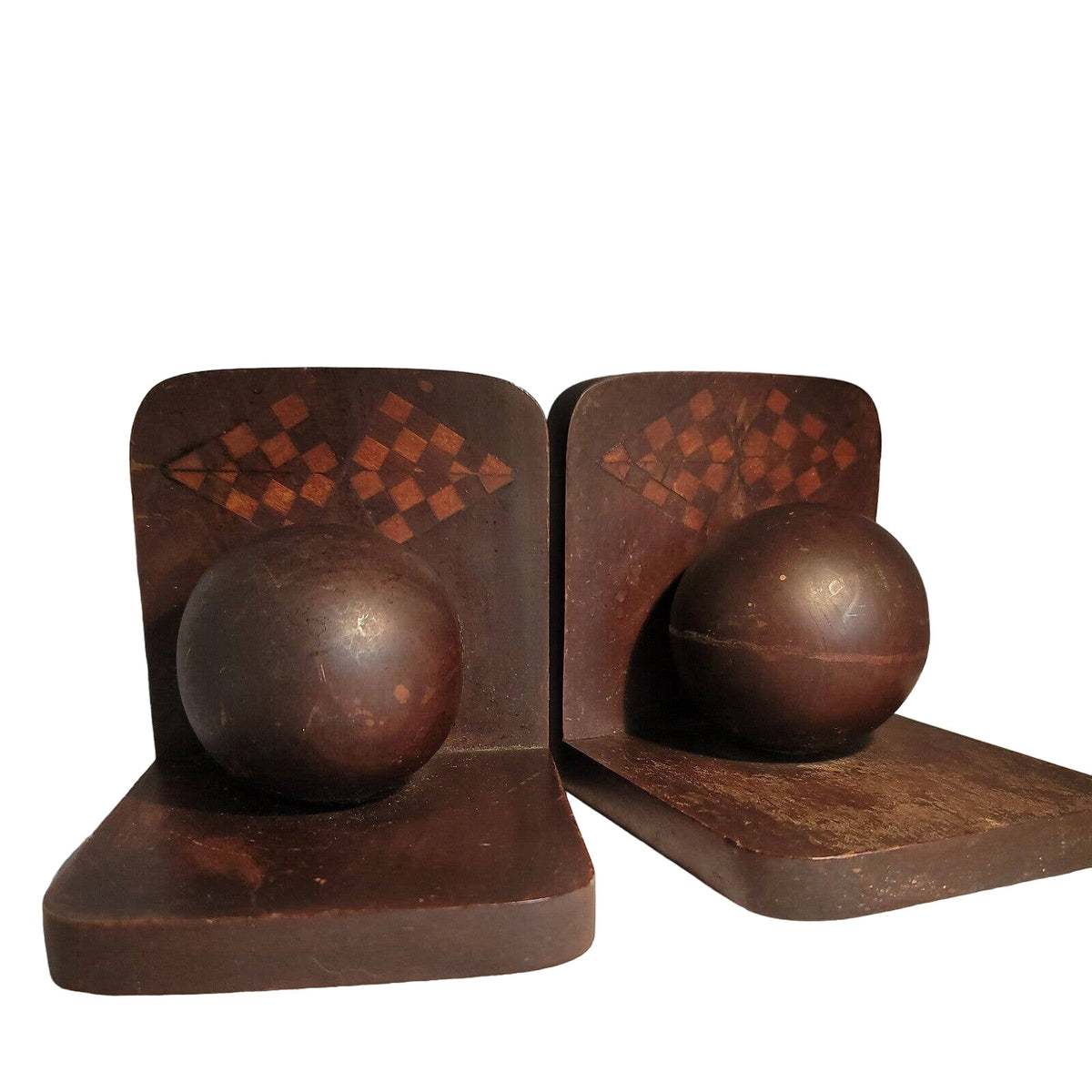 Vintage Pair Carved Wood Sphere Balls Orb BookEnds Walnut checkerboard Inlay MCM