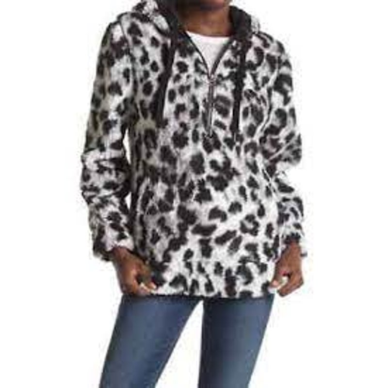 Te Verde Faux Fur Leopard Print Quarter Zip Hoodie Faux Shearling Extra-Small XS