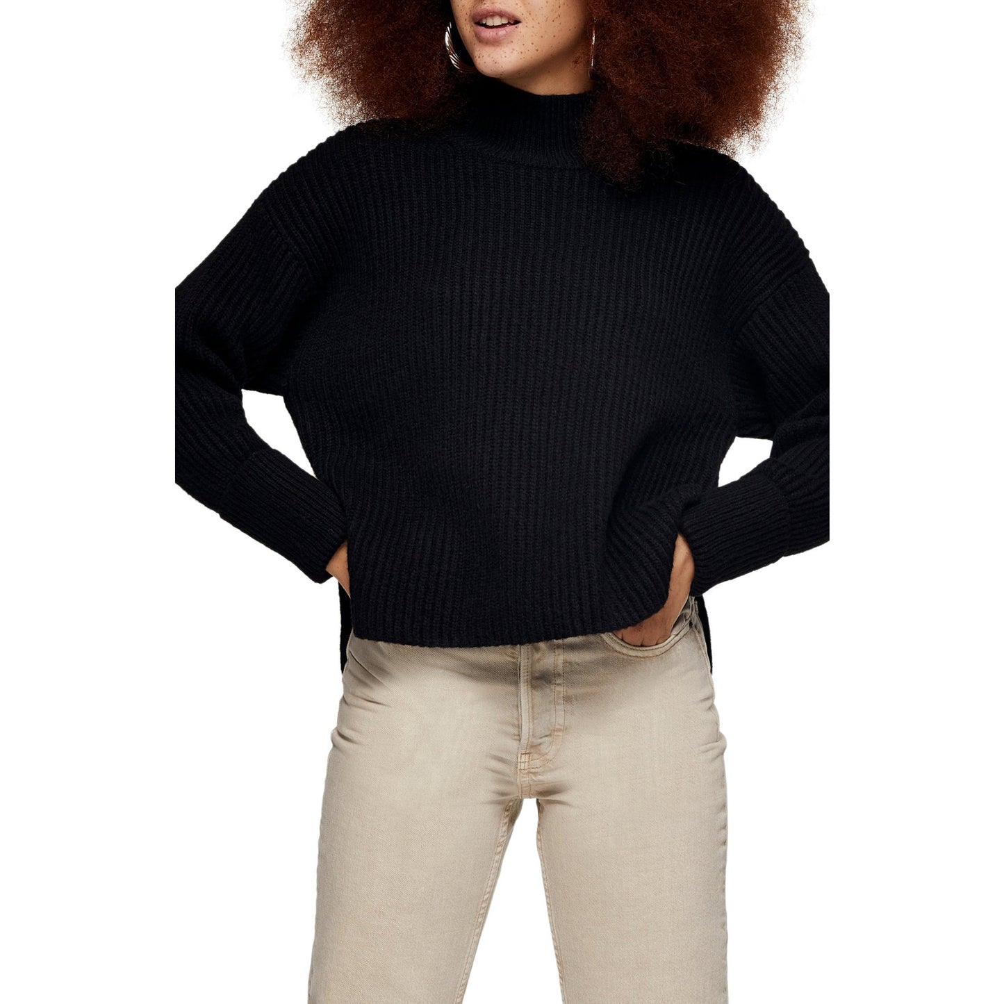 Women's Topshop Mock Neck Crop Sweater Size Medium Black High Low NEW chunky