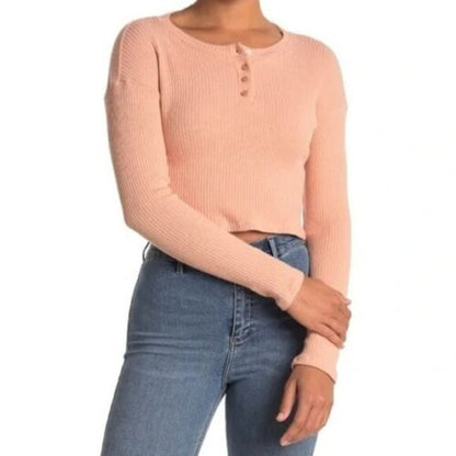Lush Crop Top Small Cafe Creme/Peach NEW Rib Knit Buttoned Henley Long Sleeves