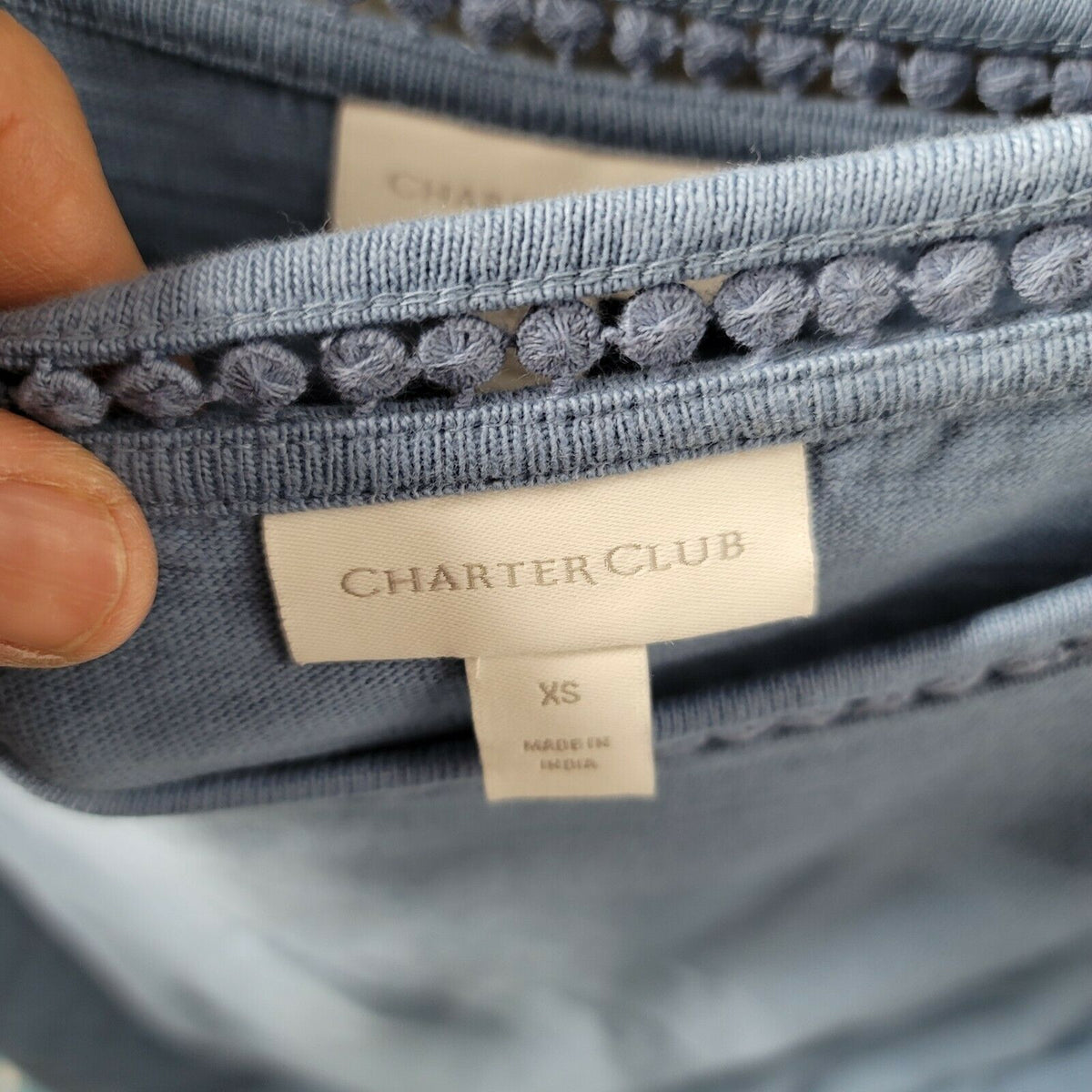 Charter Club Crochet-Inset Top Blouse 3/4-Sleeves Crew Neck Blue Size X-Small