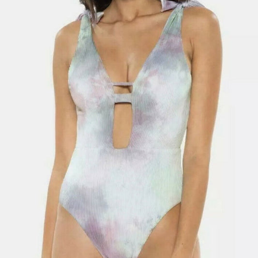 Soluna Tie Dye Ribbed Plunging One Piece Swimsuit Large