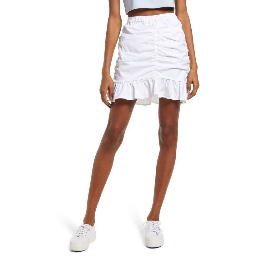Open Edit Ruched Ruffle Hem Mini Skirt Elastic Waist White Size X-Small